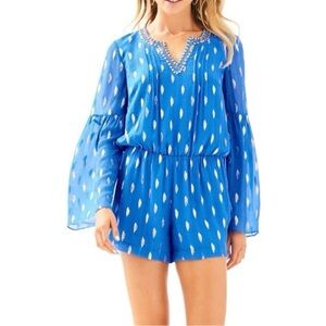 Lilly Pulitzer Silk Romper women’s large Blue Gold V Neck Bell Sleeve vacation